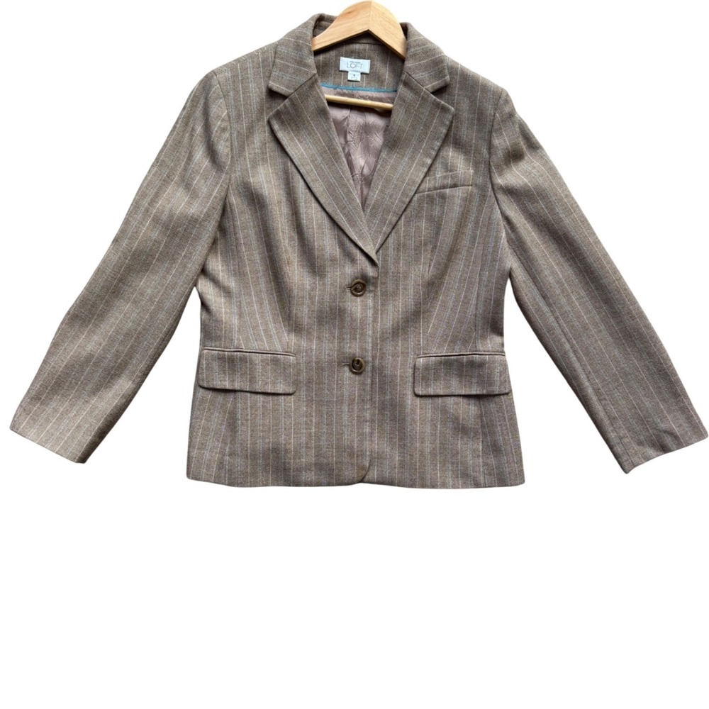 Ann Taylor LOFT Wool Blazer Womens 16 Pinstripe Brown EUC